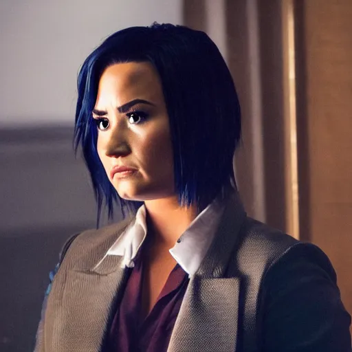 Image similar to close-up of Demi Lovato as a detective in a movie directed by Christopher Nolan, movie still frame, promotional image, imax 70 mm footage