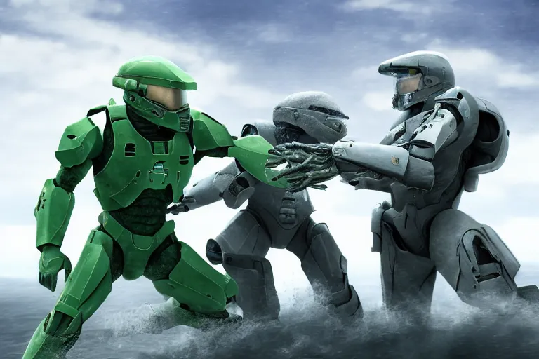 Image similar to a photo of master chief and squidward fighting each other, photorealistic, hd, 8 k