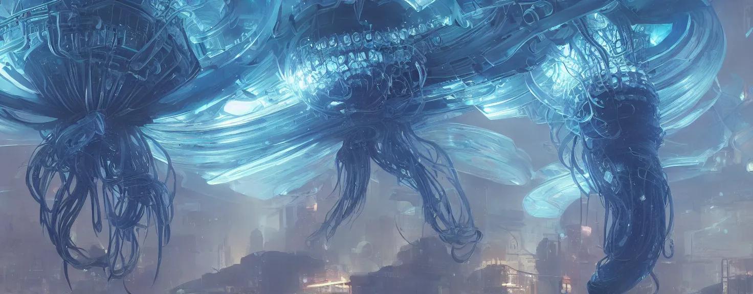 Image similar to Panorama hyper detailed painting of a cyberpunk jellyfish, blue tones, underwater, 8 mm, highly detailed, digital painting, artstation, concept art, smooth, sharp focus, illustration, art by artgerm and greg rutkowski and alphonse mucha