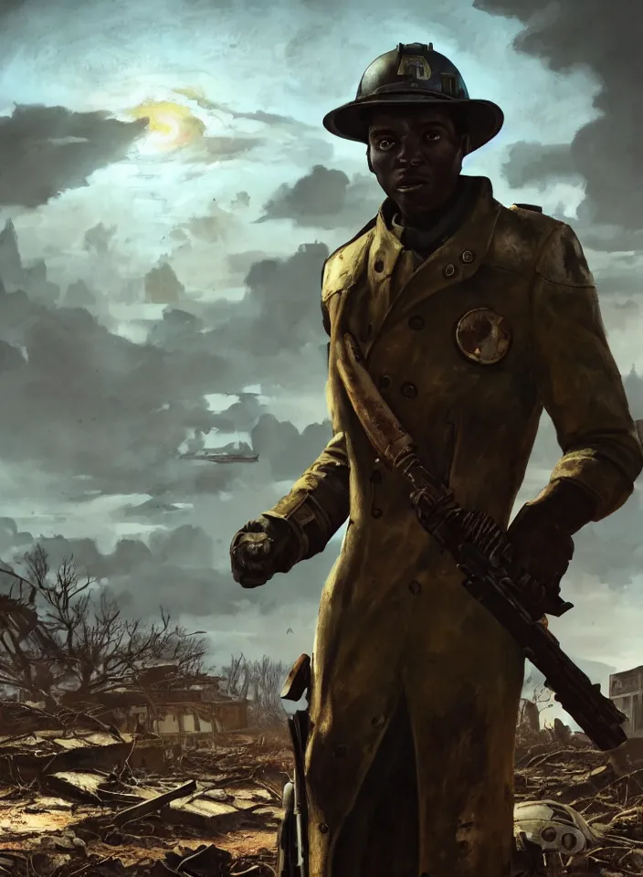 Image similar to a half portrait of preston garvey exploring a ruined settlement in fallout 4, sci - fi setting, fallout environment, drab colors, serene lighting, atmospheric, cinematic, moody, in the style of diego koi, gina heyer, luiz escanuela, art by alyssa monk, hyperrealism, rule of thirds, golden ratio, oil on canvas, 8 k