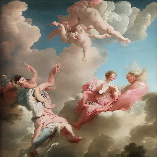 Prompt: heaven on pink clouds adopts the language of Rococo, reimagining the dynamism of works by eighteenth-century artists such as Giovanni Battista Tiepolo, François Boucher, Nicolas Lancret and Jean-Antoine Watteau through a filter of contemporary cultural references including film, food and consumerism