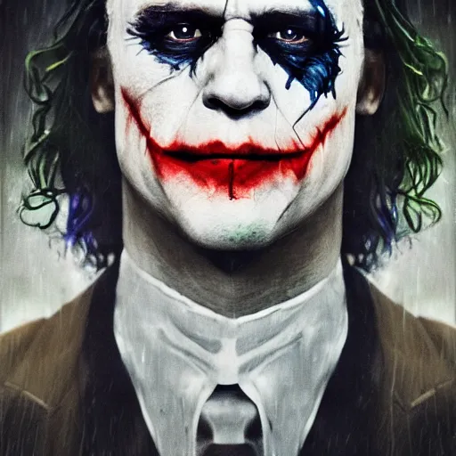 Prompt: cinematic portrait of heath ledger as the joker, perfect face, neon rain, moody, elegant, by alyssa monks, highly detailed, symmetrical face, fine details, masterpiece, trending on artstation