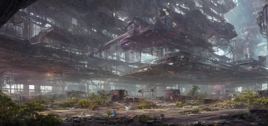 Prompt: A highly detailed crisp unreal engine render of A beautiful futuristic cyberpunk factory abandoned building with neon like plants, perfect double rainbow in the sky, sunrays shine through the clouds, debris on the ground, abandoned machines by wangchen-cg, 王琛,Neil blevins, by Greg Rutkowski, artstation, professional illustration, realistic, ultra detailed, atmospheric, cinematic lighting, movie concept art, hyper detailed, insanely detailed, corona render, octane render, colorful redshift render, 8k