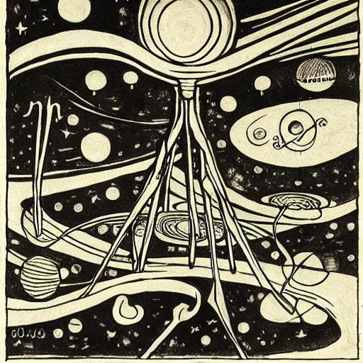 Image similar to Kinetic sculpture. Using data from a NASA exoplanet space telescope, scientists discovered a Jupiter-like world 379 light-years from Earth, orbiting a star similar to our Sun. Salad Fingers, vintage Looney Tunes by Alfred Kubin, by Ivan Bilibin, by Allison Bechdel peaceful, geometric