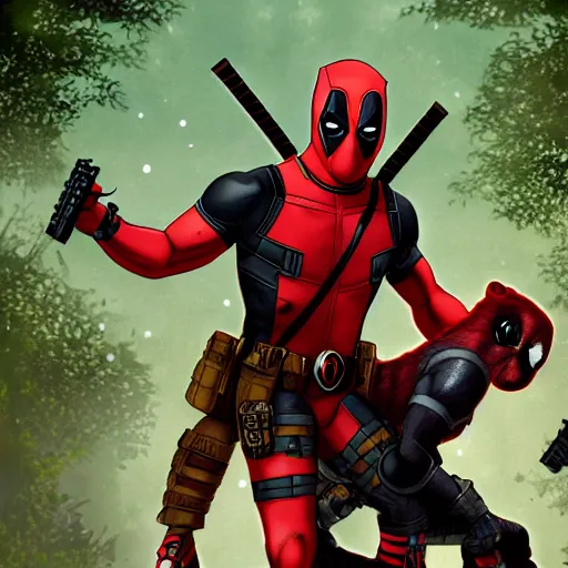 Image similar to deadpool and rocket raccoon in the woods digital art 4 k detailed