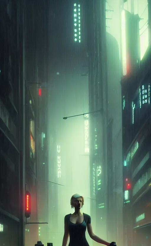 Prompt: hyper - realistic, digital matte painting of an attractive annie leonhart, blade runner environment, cinematic lighting, 4 k textures, sharp focus, by greg rutkowski, by ilya kuvshinov, by eric - anthony johnson