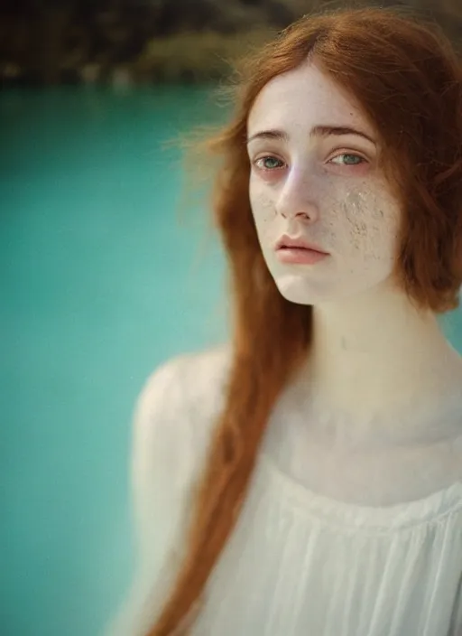 Image similar to Kodak Portra 400, 8K, soft light, volumetric lighting, highly detailed, britt marling style 3/4 ,portrait photo Close-up portrait photography of a beautiful woman how pre-Raphaelites, the face emerges from Pamukkale, thermal waters flowing down white travertine terraces, inspired by Ophelia paint ,and hair are intricate with highly detailed realistic beautiful flowers , Realistic, Refined, Highly Detailed, interstellar outdoor soft pastel lighting colors scheme, outdoor fine art photography, Hyper realistic, photo realistic