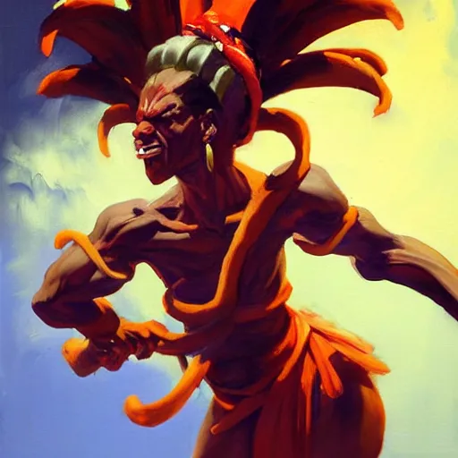 Image similar to greg manchess portrait painting of dhalsim from street fighter spitting fire as overwatch character, medium shot, asymmetrical, profile picture, organic painting, sunny day, matte painting, bold shapes, hard edges, street art, trending on artstation, by huang guangjian and gil elvgren and gerald brom