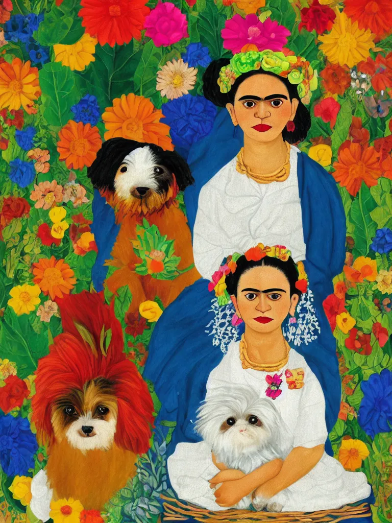 Image similar to portrait of a cream colored havanese dog dressed as frida kahlo, surreal background, naive art, by frida kahlo