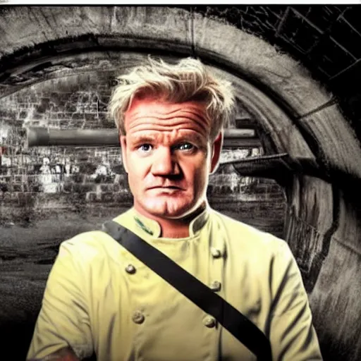 Image similar to Gordon Ramsey hiding in a sewer, creepy, grunge, IT