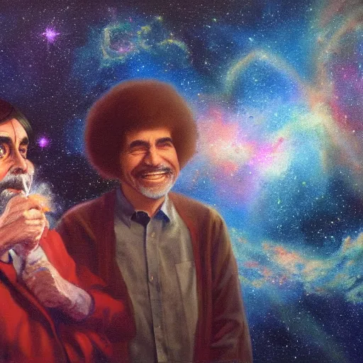 Prompt: an epic oil painting of carl sagan and bob ross smoking weed together, cloud of smoke, galaxies, nebulae, hubble, james webb space telescope, digital painting bioluminance / n 4