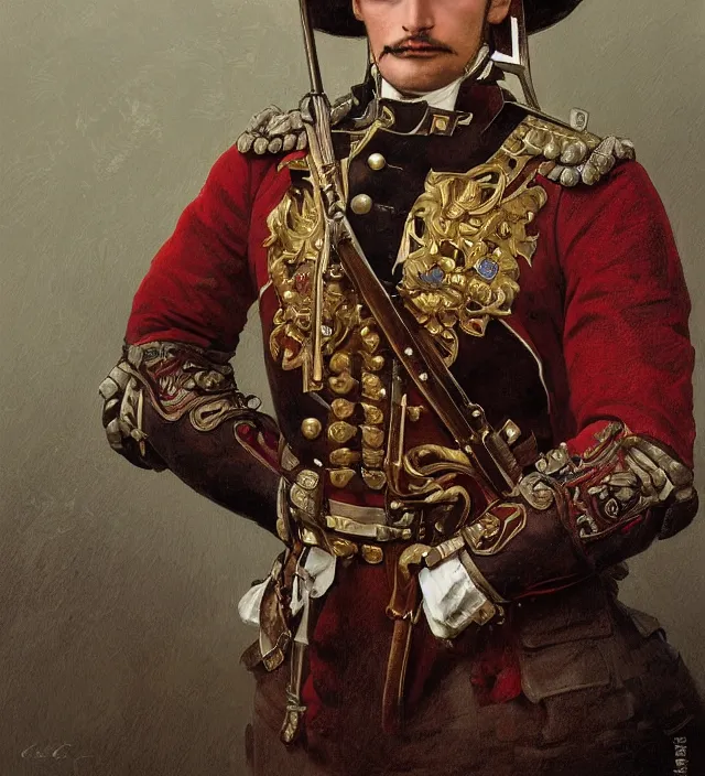 Image similar to portrait of an austrian man wearing a traditional nineteenth century austro - hungarian empire military uniform, metal shoulder pauldrons, intricate, highly detailed, digital painting, artstation, concept art, sharp focus, cinematic lighting, illustration, art by artgerm and greg rutkowski, alphonse mucha, cgsociety