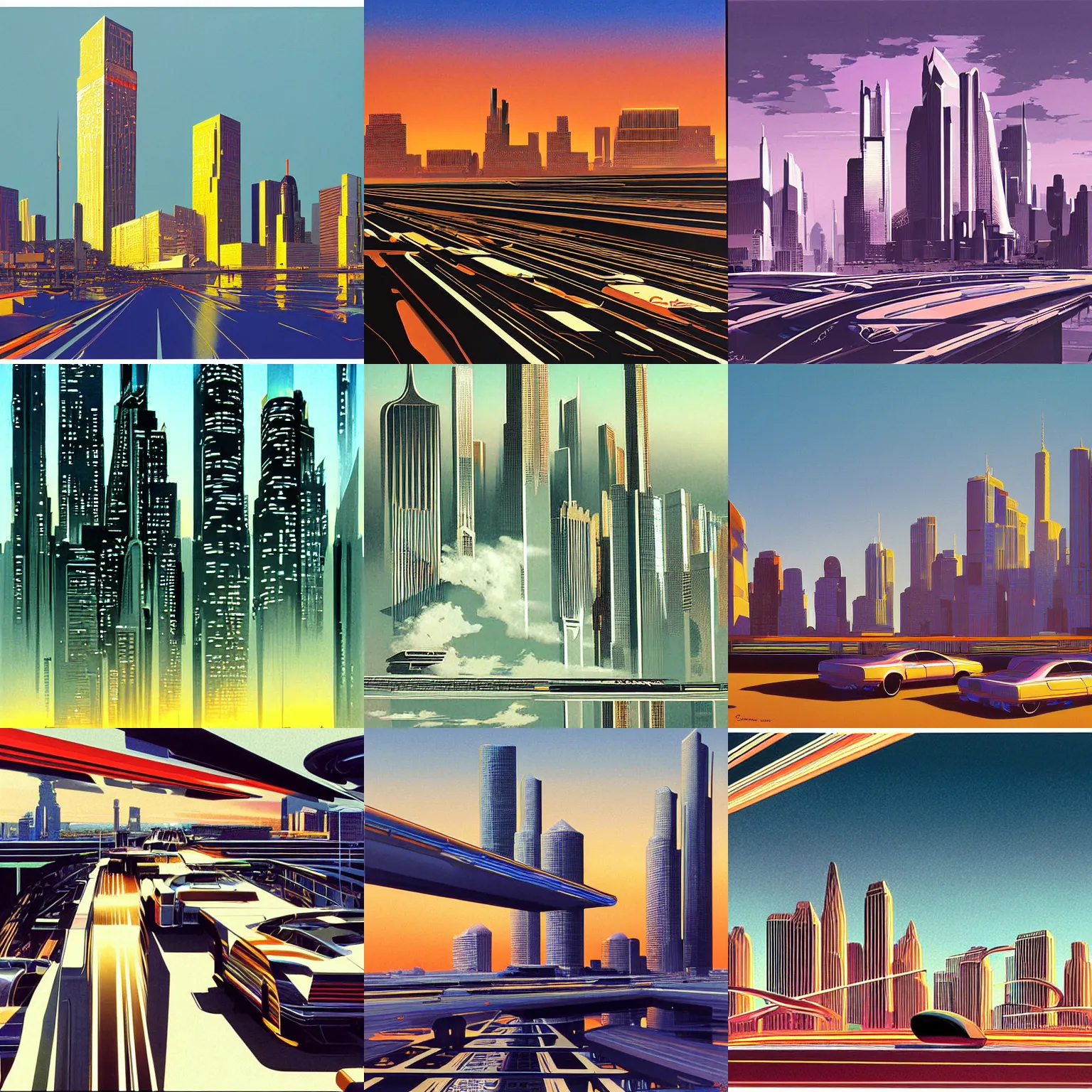 Prompt: digital art, detailed realistic illustration of a beautiful skyline by Syd Mead, photo