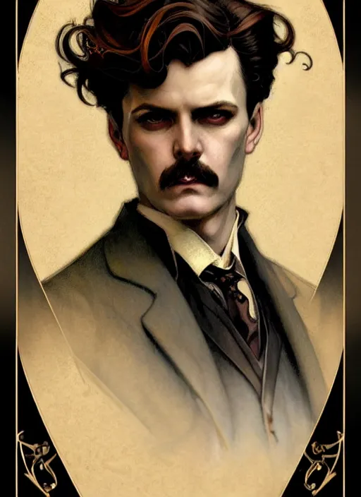 Image similar to an art nouveau, victorian male detective portrait in the style of charlie bowater, and in the style of donato giancola, and in the style of charles dulac. very large, clear, expressive, intelligent eyes. symmetrical, centered, ultrasharp focus, dramatic lighting, photorealistic digital painting, intricate ultra detailed background.