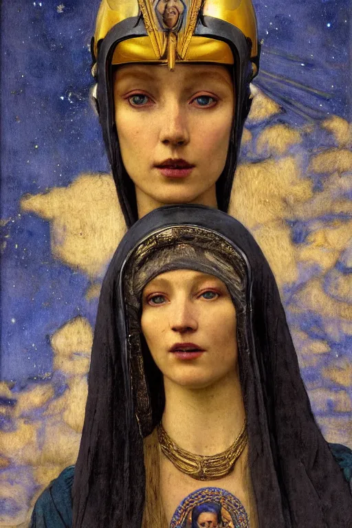 Image similar to portrait of the space queen with her helmet and regalia, by Annie Swynnerton and Nicholas Roerich and John Bauer and John William Godward and Donato Giancola and Vermeer, black leather and embroidered velvet, iridescent beetles, rich color, lost runes, ancient civilizations, dramatic cinematic lighting, featured on Artstation, extremely detailed