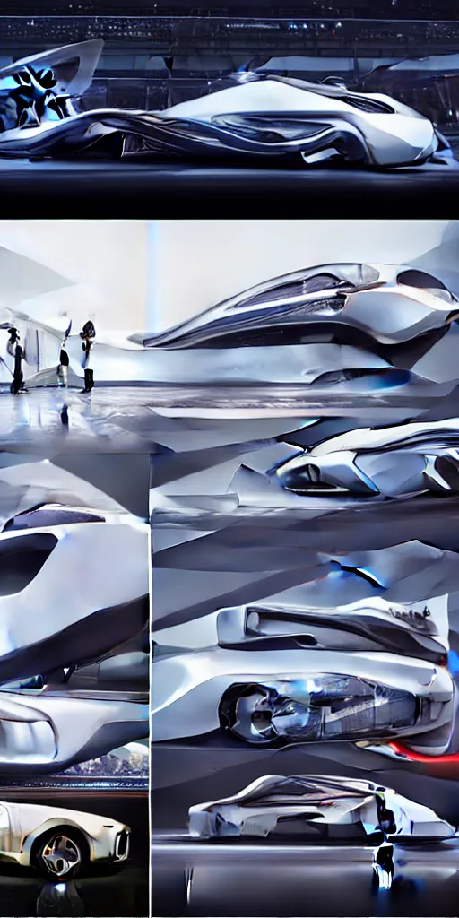 Image similar to sci-fi car zaha hadid wall structure logotype and car on the coronation of napoleon and digital billboard in the middle artwork in style of Ruan Jia Sheng Lam