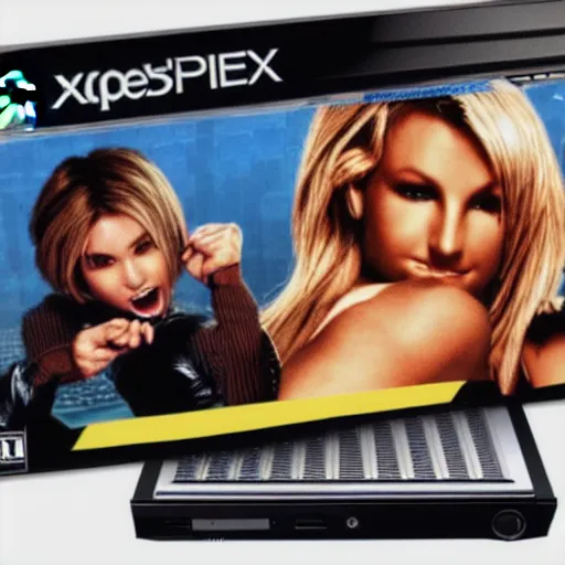 Image similar to Super Nintendo playing and Xbox 360 but it's a Sega Genesis making out with Britney Spears