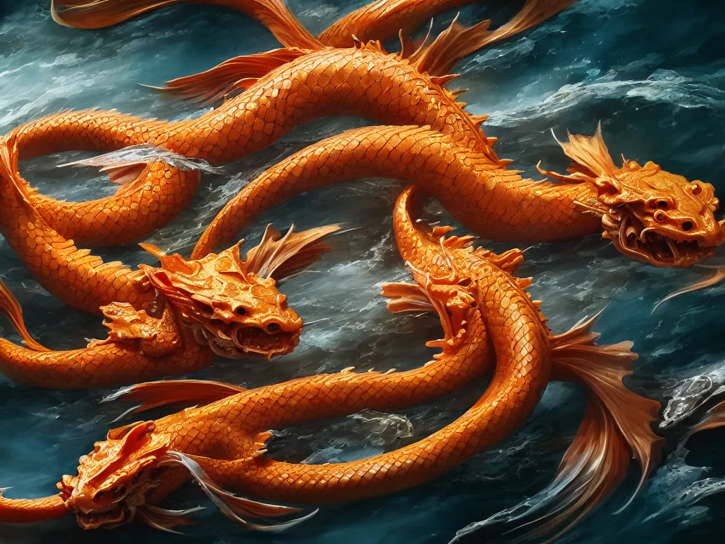 Image similar to intertwined koi dragon fish, water torrent background, jesper ejsing, james jean, justin gerard, tomasz alen kopera, cgsociety, fenghua zhong, makoto shinkai, octane render, highly detailed, rim light, cinematic lighting, hyper realism, high detail, intricate, 4 k, masterpiece