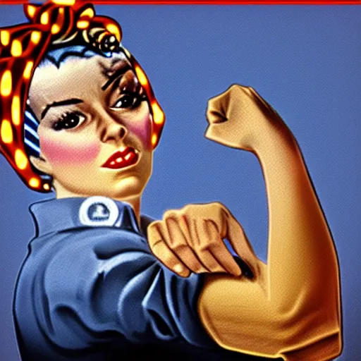 Image similar to a raccoon as rosie the riveter