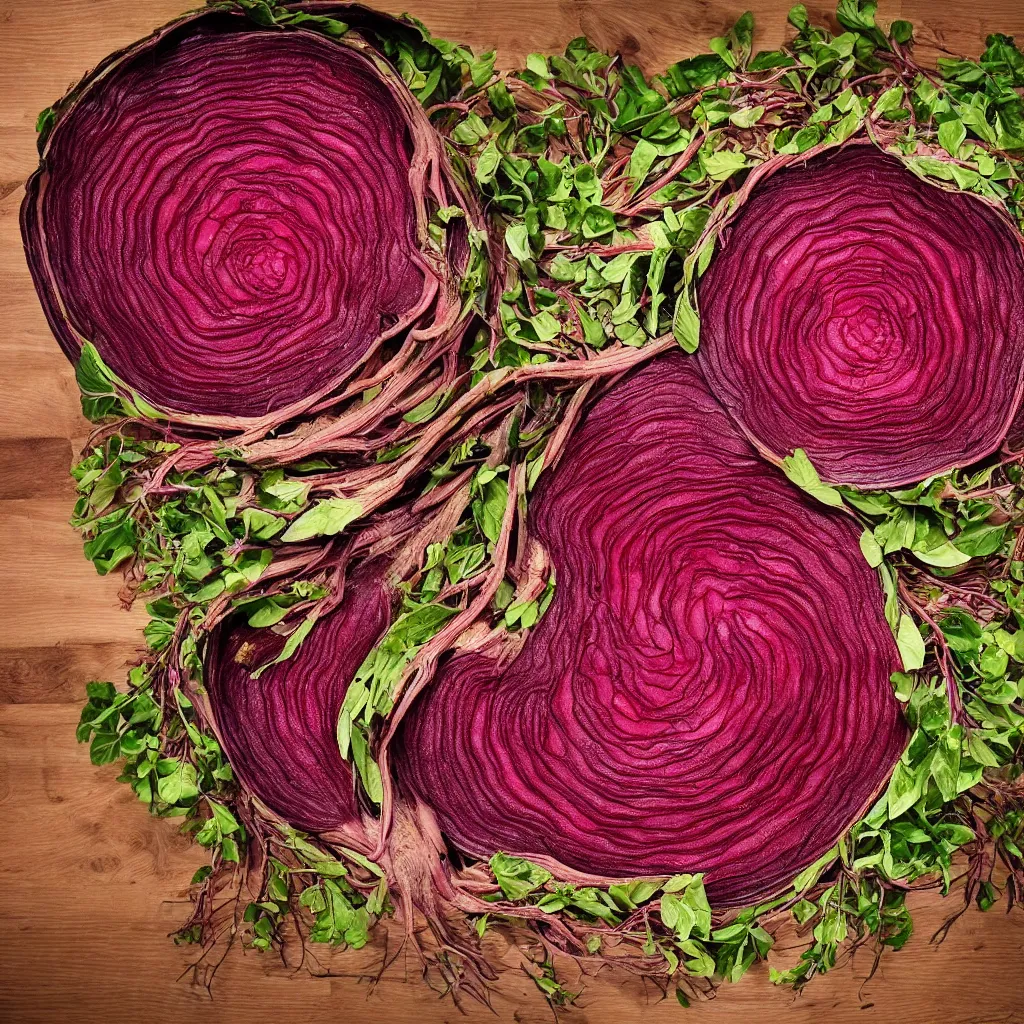 Image similar to large spiral of giant cut beetroots, with embroidered leaves and fractal roots, over vivid dark wood table, food photography. super detailed. masterpiece