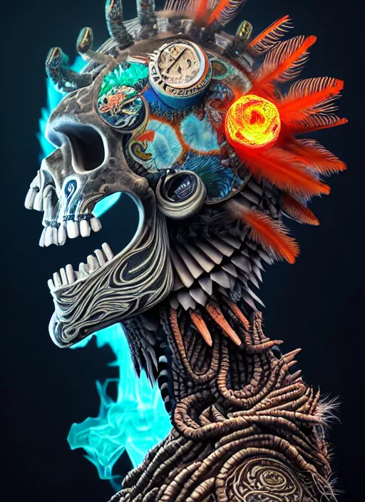 Image similar to 3 d shaman with tattoos profile portrait, sigma 5 0 0 mm f / 5. beautiful intricate highly detailed quetzalcoatl skull and feathers. bioluminescent, plasma, lava, ice, water, wind, creature, thunderstorm! artwork by tooth wu and wlop and beeple and greg rutkowski, 8 k trending on artstation,