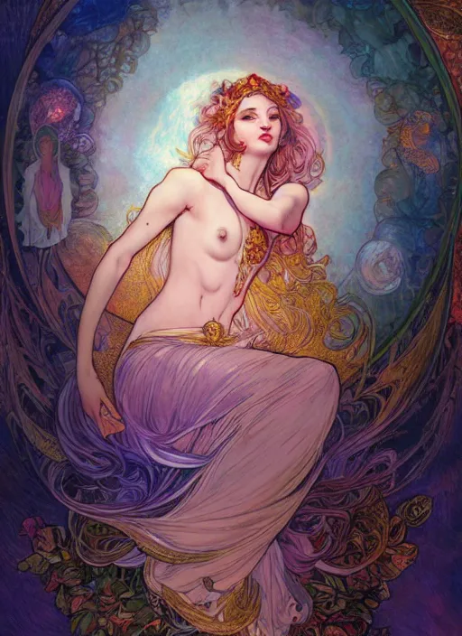 Image similar to Goddess of the Moon, ambient lighting, 4k, josephine wall, alphonse mucha, lois van baarle, ilya kuvshinov, rossdraws, artstation