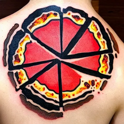 Image similar to tattoo of a slice of pizza made out of lava with rock toppings, red, white, yellow and black ink, hyperdetailed, realistic