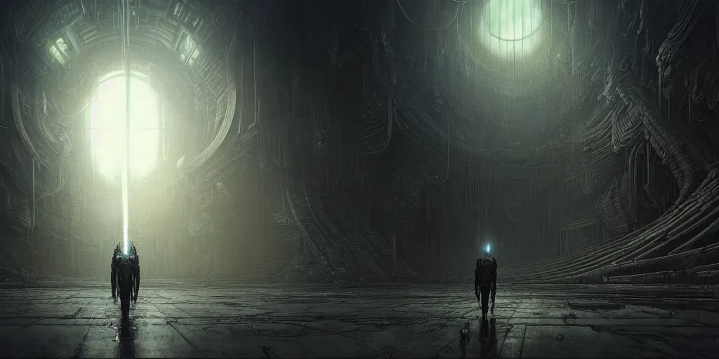 Image similar to lost and alone in a vast future sci - fi cyberpunk brutalist megastructure temple by gustave dore and gustave moreau and beksinski and giger and craig mullins and jeremy mann, anamorphic lens flares