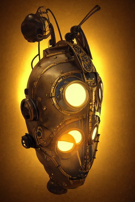 Image similar to steampunk mask minimalist fantasy art robot ninja helmet, global illumination ray tracing hdr fanart arstation by sung choi and eric pfeiffer and gabriel garza and casper konefal radiating a glowing aura