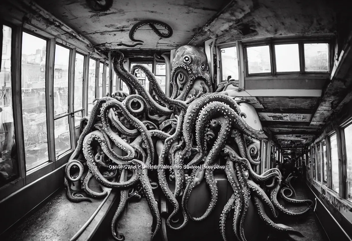 Prompt: a busy subway wagon, there is a huge monster octopus on the interior, tentacles creeping in through the windows and gaps, people are scared and screaming while trying to flee through the windows, 1 6 mm lens,