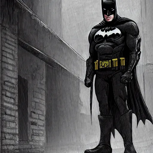 Prompt: Batman standing in a dark alley, detailed, Artstation, by Greg Capullo