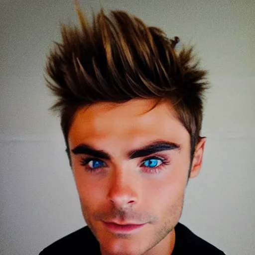 Image similar to “a realistic detailed photo of a guy who is an attractive humanoid who is half robot and half humanoid, who is a male android, Zac Efron, shiny skin, green eyes”