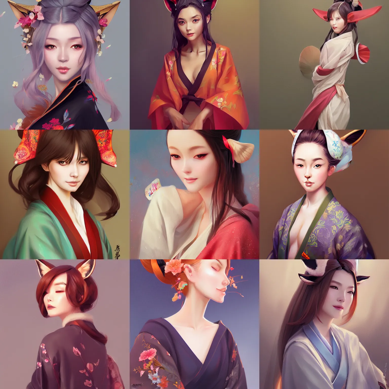 Prompt: A potrait of a beautiful, shapely woman with fox ears wearing a modest kimono, digital painting, by Stanley Artgerm Lau, WLOP, Rossdraws, LeraPi, and Sakimichan, digtial painting, trending on ArtStation, deviantart, SFW version