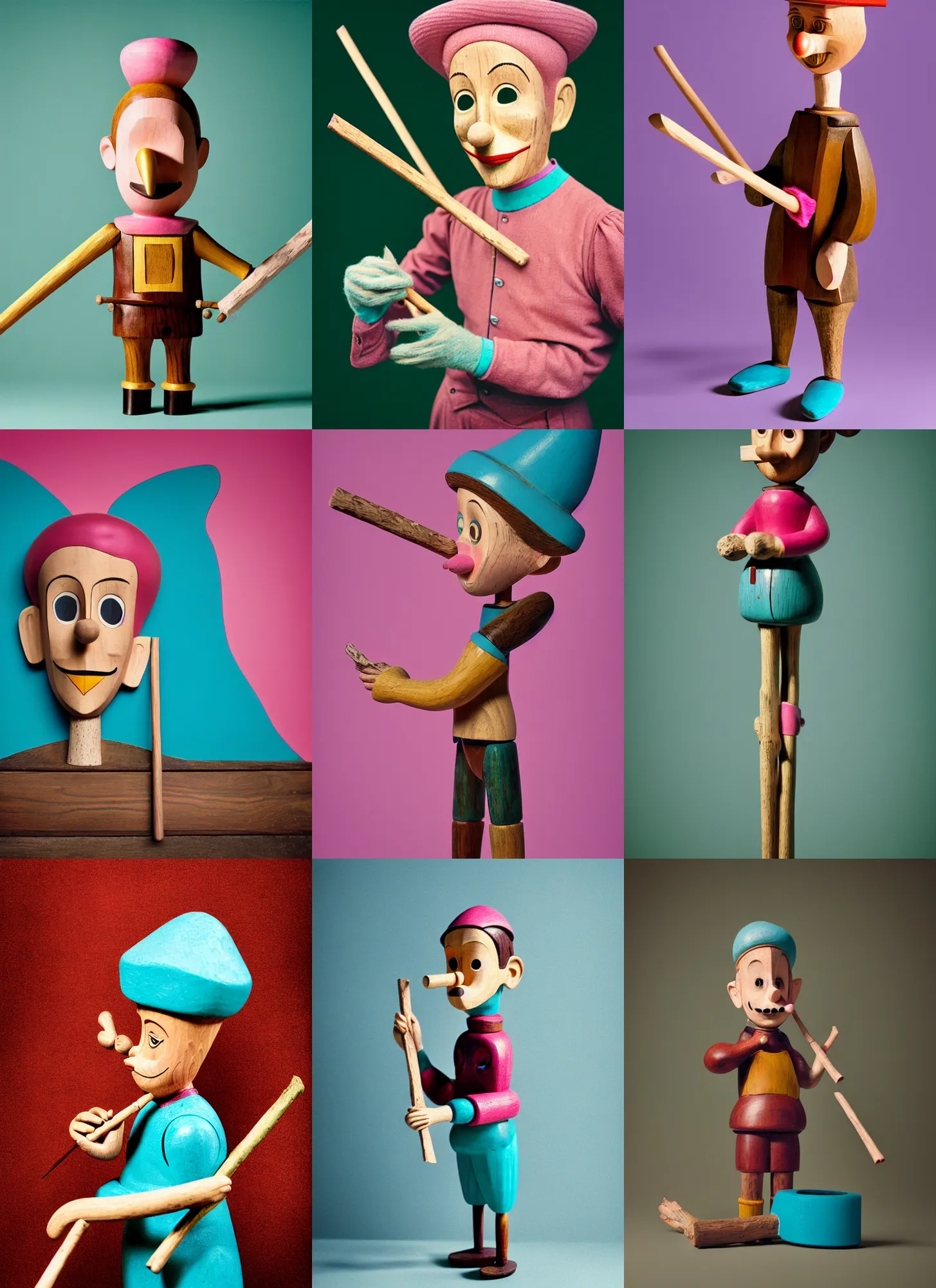 Prompt: kodak portra 4 0 0, 8 k, highly detailed, britt marling style, 3 / 4 photographic close, press award winning muted colour portrait of a wooden pinocchio who carves a wooden stick, motion blur, pink, turquoise, up face with 1 9 2 0 s hairstyle, 1 9 2 0 s style, asymmetrical, hasselblad