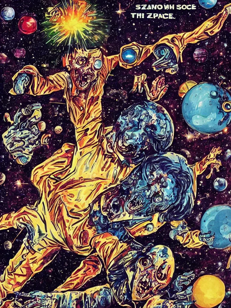 Image similar to movie poster, zombie and disco ball in space, 1970s style, very detailed, text says: Wrath of the Space Disco Zombies