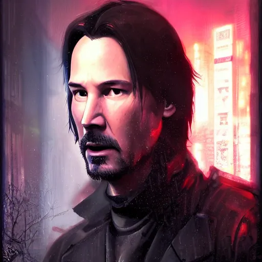 Prompt: cyberpunk, closeup portrait of a keanu reeves, dramatic light, city background, sunset, dystopian setting, high contrast, sharp, neuromancer, henry dorsett case, painted by stanley lau, painted by greg rutkowski, painted by stanley artgerm, digital art, trending on artstation