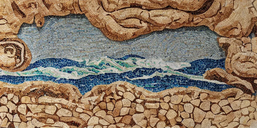Prompt: roman mosaic on cave wall of sea with waves and foam, realistic, detailed