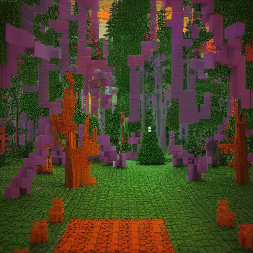 Prompt: an enchanted forest voxel art by thomas kinkaid