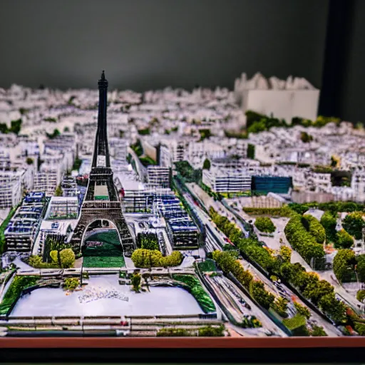 Prompt: a detailed photo of a diorama city, paris eiffel tower, macro photography, zoom, model trees, table, studio lighting