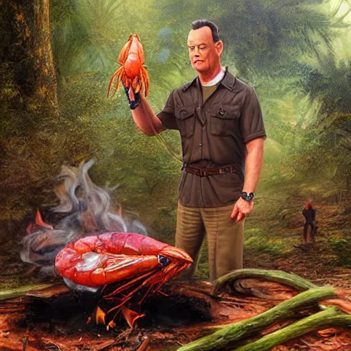 Prompt: Tom Hanks as forrest holding a giant shrimp over a campfire in the jungle, realistic digital painting, in the style of Aleksi Briclot, photoreailstic, realistic face, amazing detail, sharp