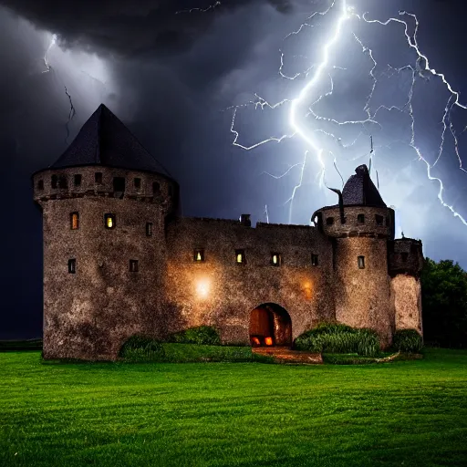 Prompt: dark stormy castle, thunder and lightning, atmospheric