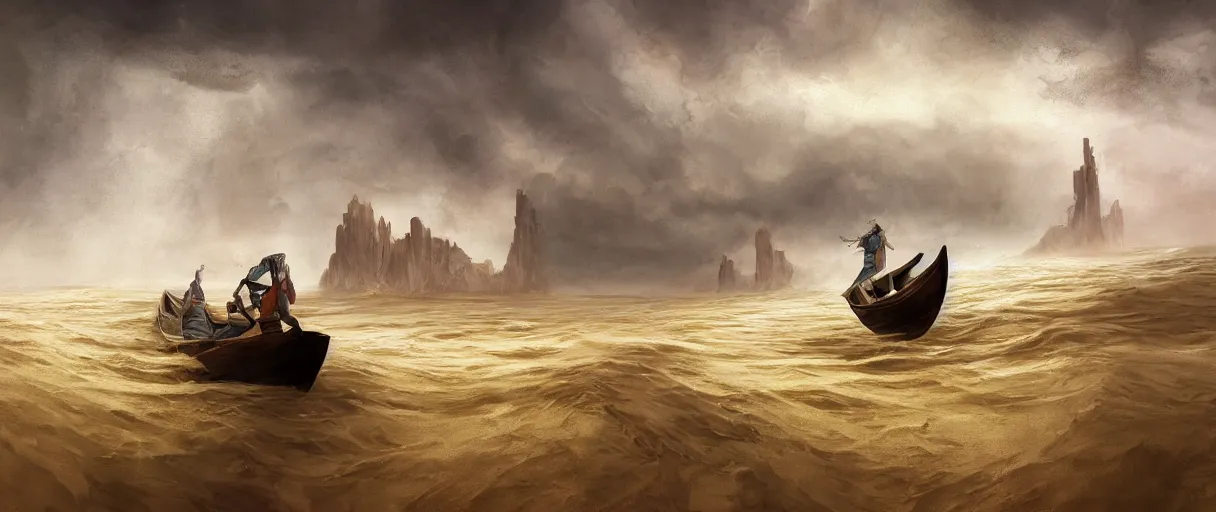 Prompt: a beautiful illustration of a man in a wooden boat traveling a stormy sea towards a massive brutalist abandoned skyscraper half-buried in a desert wasteland of cliffs and sand with a ringed planet on the horizon in the style of Rob Lefield and Ralph McQuarrie, Daniel Merriam :.1, trending on artstation, digital art, third person perspective, viewed from below, looking up, wide angle, establishing shot