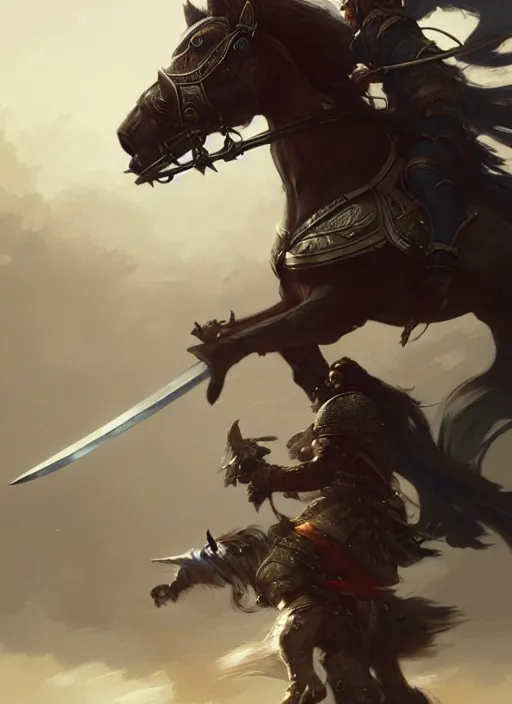 Image similar to epic bearded war commander holding gigantic sword and large shield riding a horse. highly detailed, digital painting, concept art, smooth, sharp focus, illustration, art by greg rutkowski