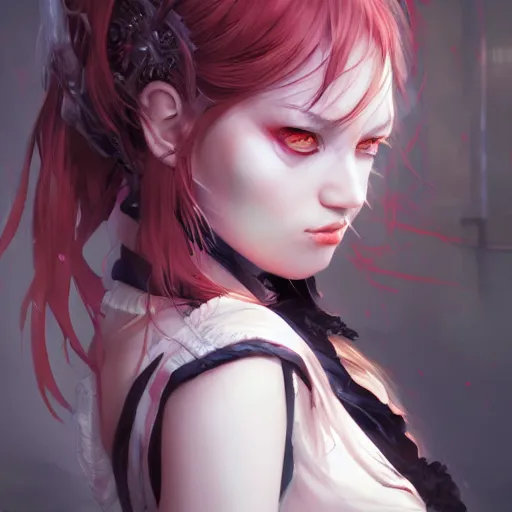 Image similar to full shot potrait of angry anime girl, gothic wearing, detailed, by Stanley Artgerm Lau, WLOP, Rossdraws, James Jean, Andrei Riabovitchev, Marc Simonetti, Yoshitaka Amano, ArtStation, CGSociety,