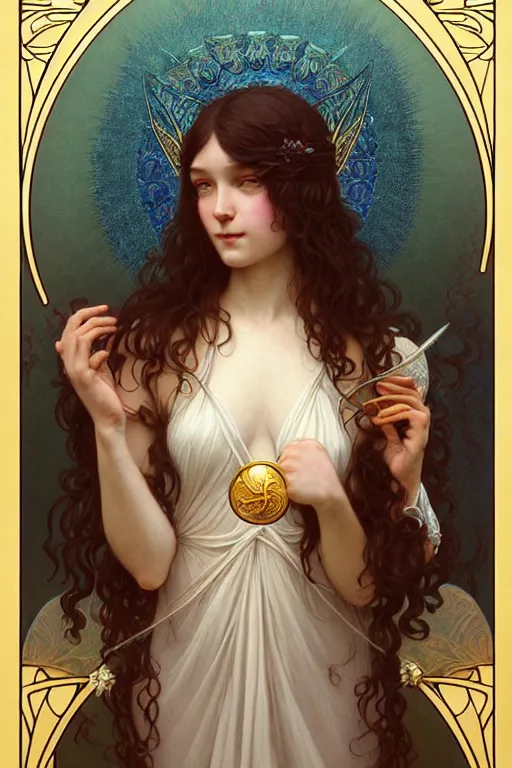 Image similar to portrait of a transcendental young fairy princess, d & d, fantasy, intricate, elegant, highly detailed, digital painting, artstation, concept art, smooth, sharp focus, illustration, art by artgerm and greg rutkowski, maxfield parrish and alphonse mucha, new art nouveau, tarot card