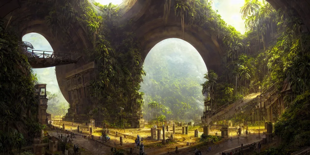 Prompt: a space elevator is the centerpiece of an ancient tomb that is surrounded by banana groves, there are archways, buttresses, and monuments, matte oil painting, science fantasy, retrofuturism, sharp focus, extremely detailed, 4 k