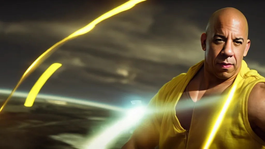 Image similar to extreme wide shot of vin diesel as saitama!!! throwing!!! a car!!!!!!!!!! into space, ultra realistic, lens flare, atmosphere, glow, detailed, intricate, full of colour, cinematic lighting, trending on artstation, 4 k, hyperrealistic, focused, extreme details, unreal engine 5, cinematic, masterpiece