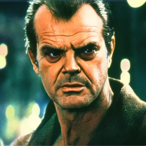 Image similar to 30 year old Jack Nicholson as Rick Deckard on blade runner 1982, movie still, in color, movie frame, detailed face, symmetrical face, 4k,