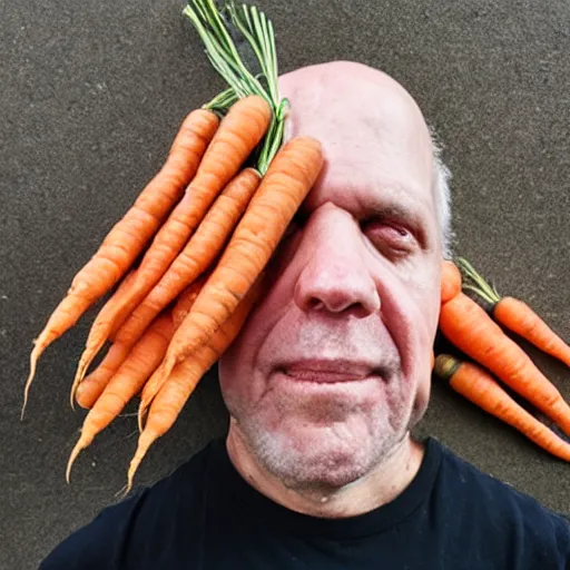 Prompt: photo of a man with carrots sticking out of eyes