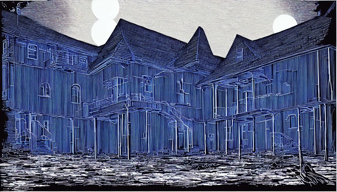 Prompt: blue lit raven lair by dan mumford and peter doig and edward hopper, symmetrical, minimal, black ink, thick lines highly detailed, muted colours 8 k